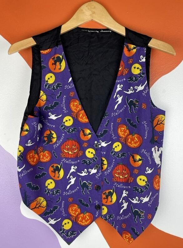 Halloween Vest Small Purple Black V-Neck Pumpkin