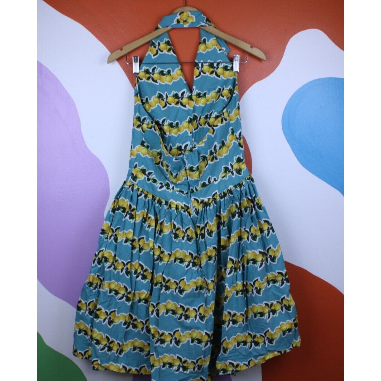 Lemon Print Dress Women's XL Hearts & Roses Dress Halter Button Front Back Zip