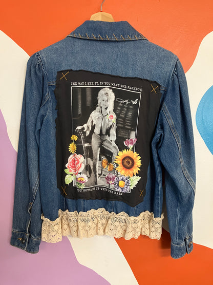 Dolly Parton You Gotta Put Up With The Rain Upcycled Denim Jacket x Retro Chic Fashionista