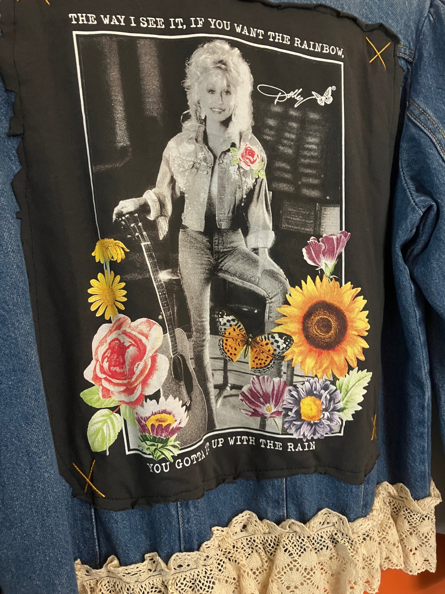 Dolly Parton You Gotta Put Up With The Rain Upcycled Denim Jacket x Retro Chic Fashionista