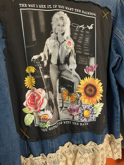 Dolly Parton You Gotta Put Up With The Rain Upcycled Denim Jacket x Retro Chic Fashionista