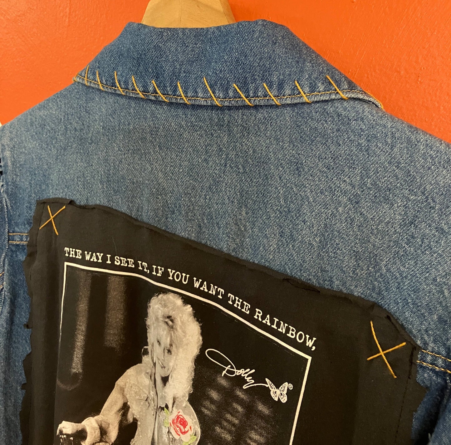 Dolly Parton You Gotta Put Up With The Rain Upcycled Denim Jacket x Retro Chic Fashionista